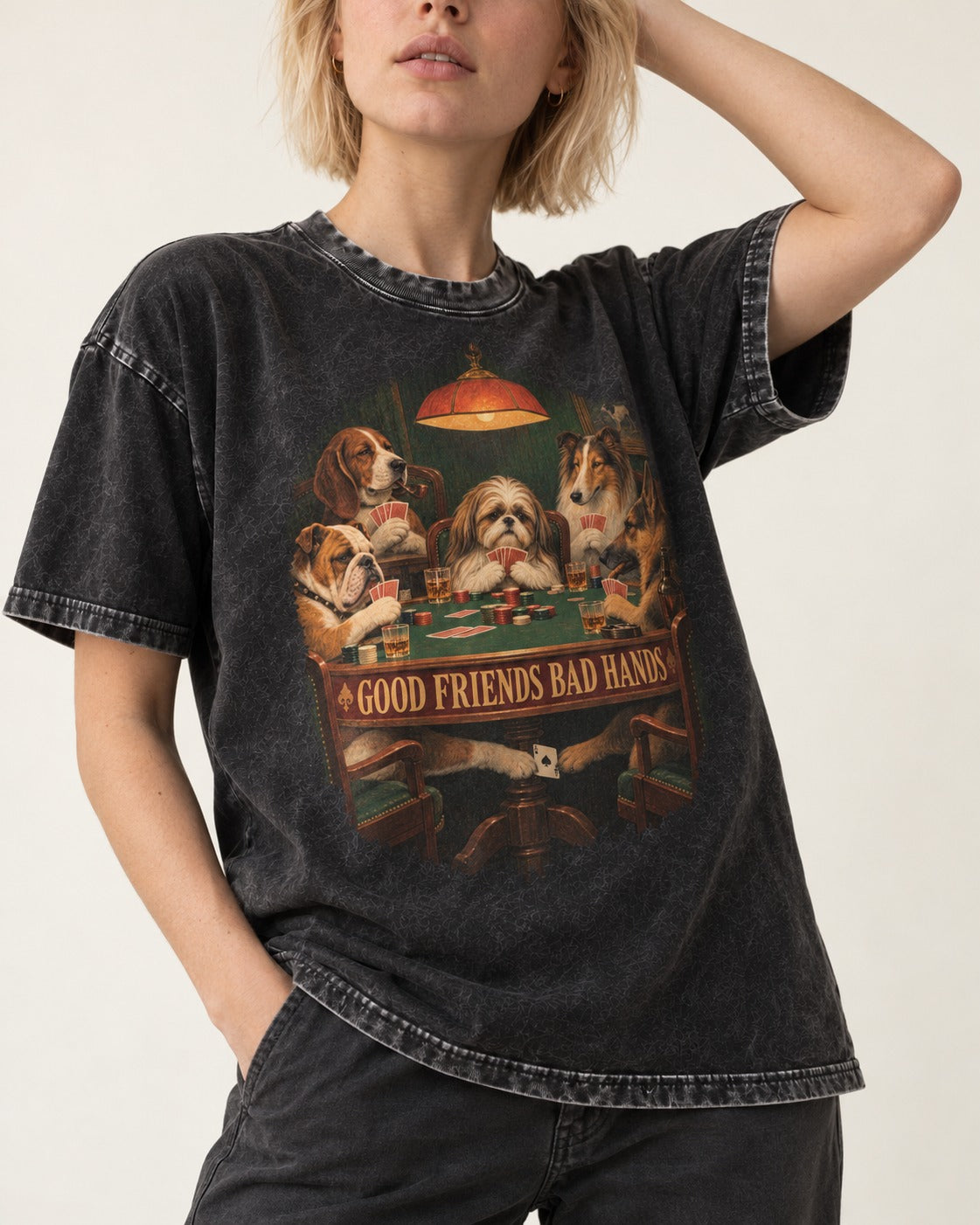 Shih Tzu Good Friends Bad Hands Poker Night Graphic Washed Tee in Black, worn by a model, front view