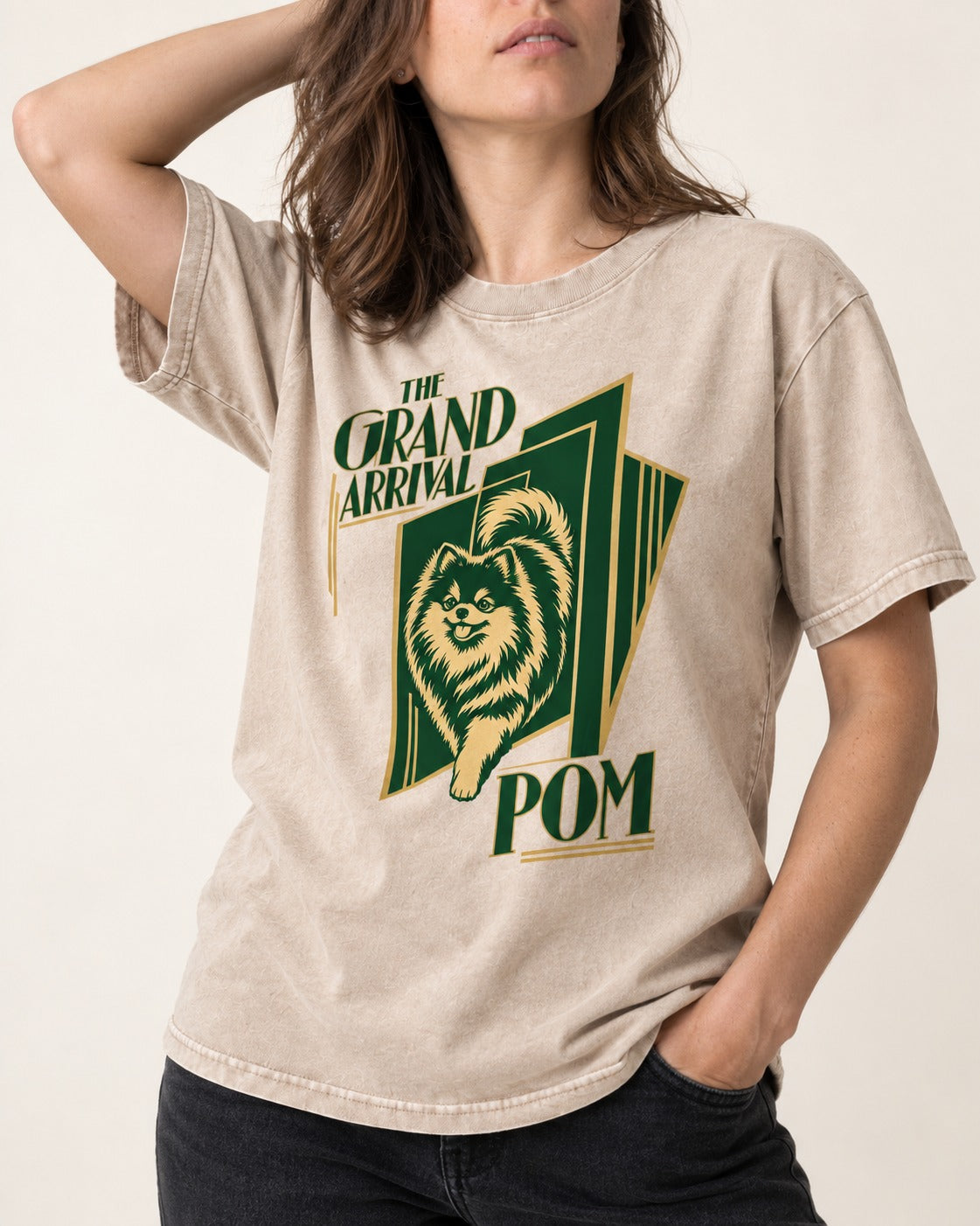 The Grand Arrival Pomeranian Washed Tee in Apricot, worn by a model, front view