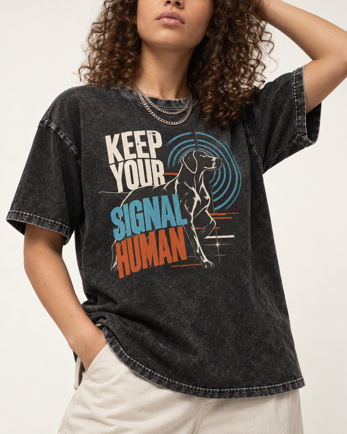 German Shorthaired Pointer Keep Your Signal Human Broadcast Graphic Washed Tee in Black, worn by a model, front view