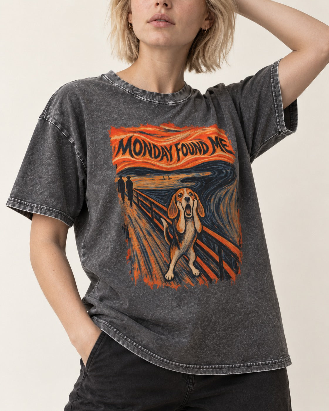 Monday Found Me Beagle Scream Scene Washed Tee in Gray, worn by a model, front view