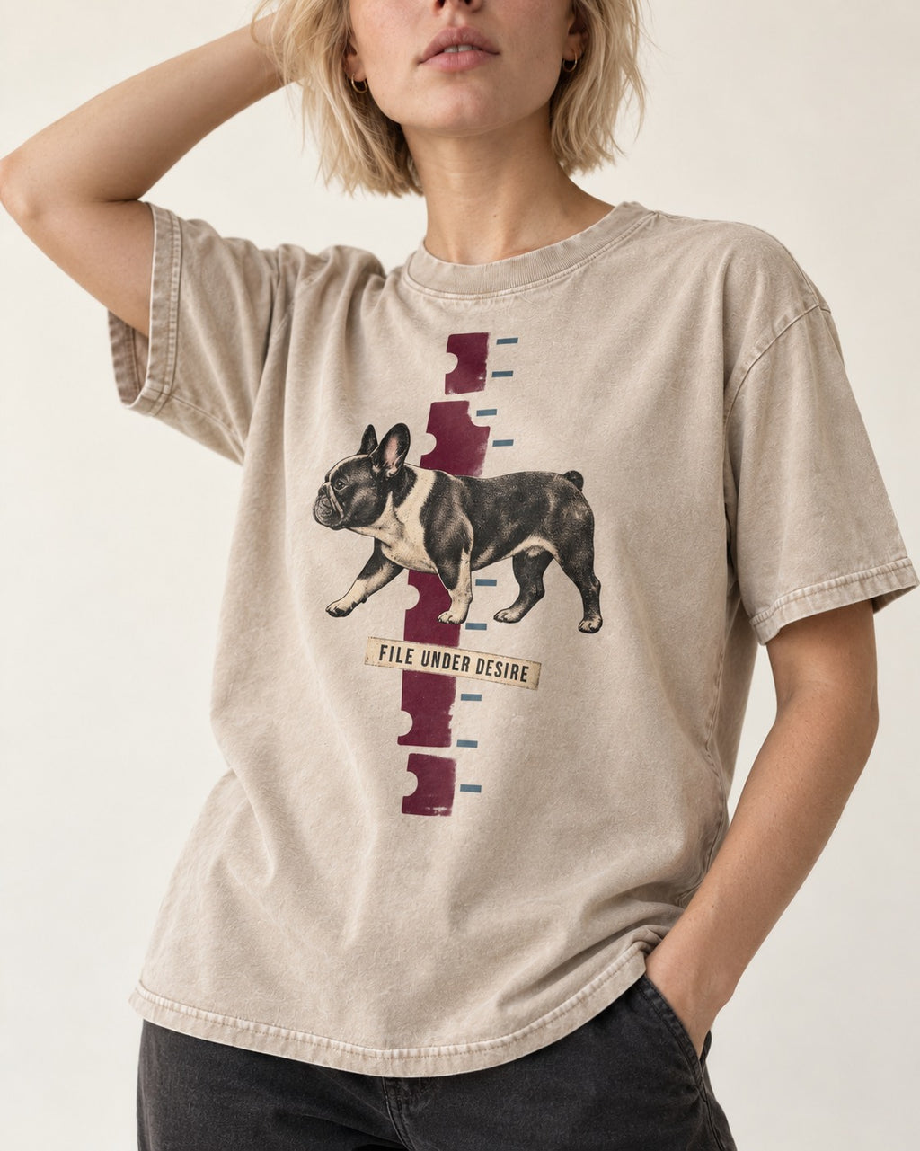 File Under Frenchie Desire Washed Tee in Apricot, worn by a model, front view