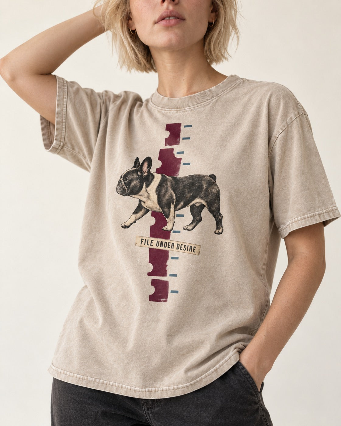File Under Frenchie Desire Washed Tee in Apricot, worn by a model, front view