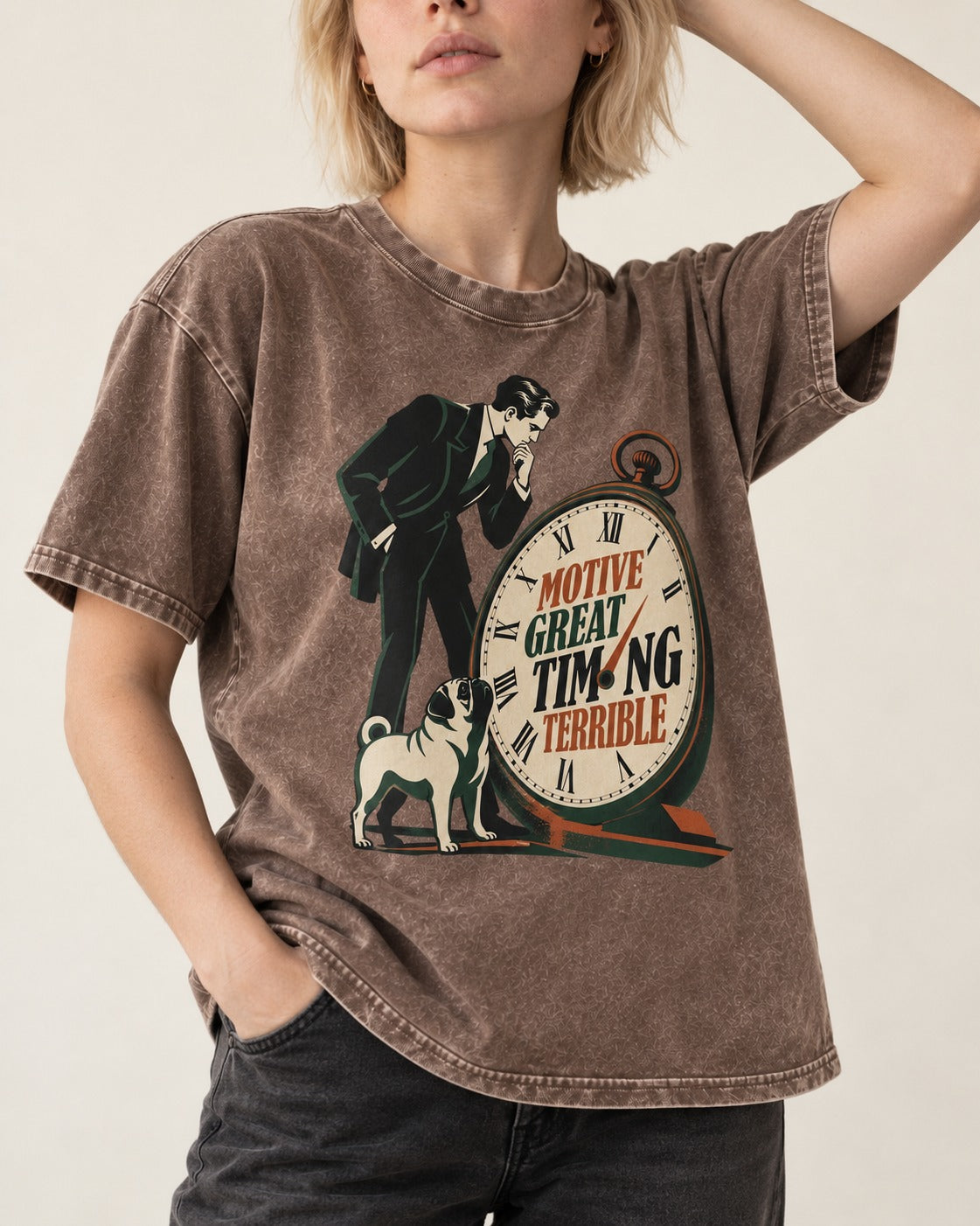 Pug Great Motive Terrible Timing Washed Tee in Coffee, worn by a model, front view
