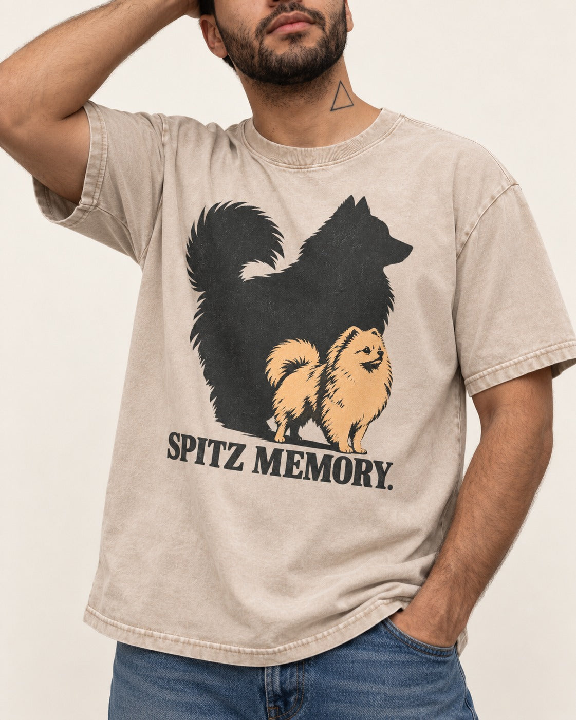 Pomeranian Spitz Memory Washed Tee in Apricot, worn by a model, front view