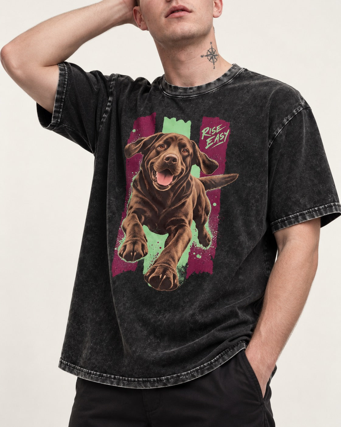 Labrador Retriever Rise Easy Running Chocolate Lab Graphic Washed Tee in Black, worn by a model, front view