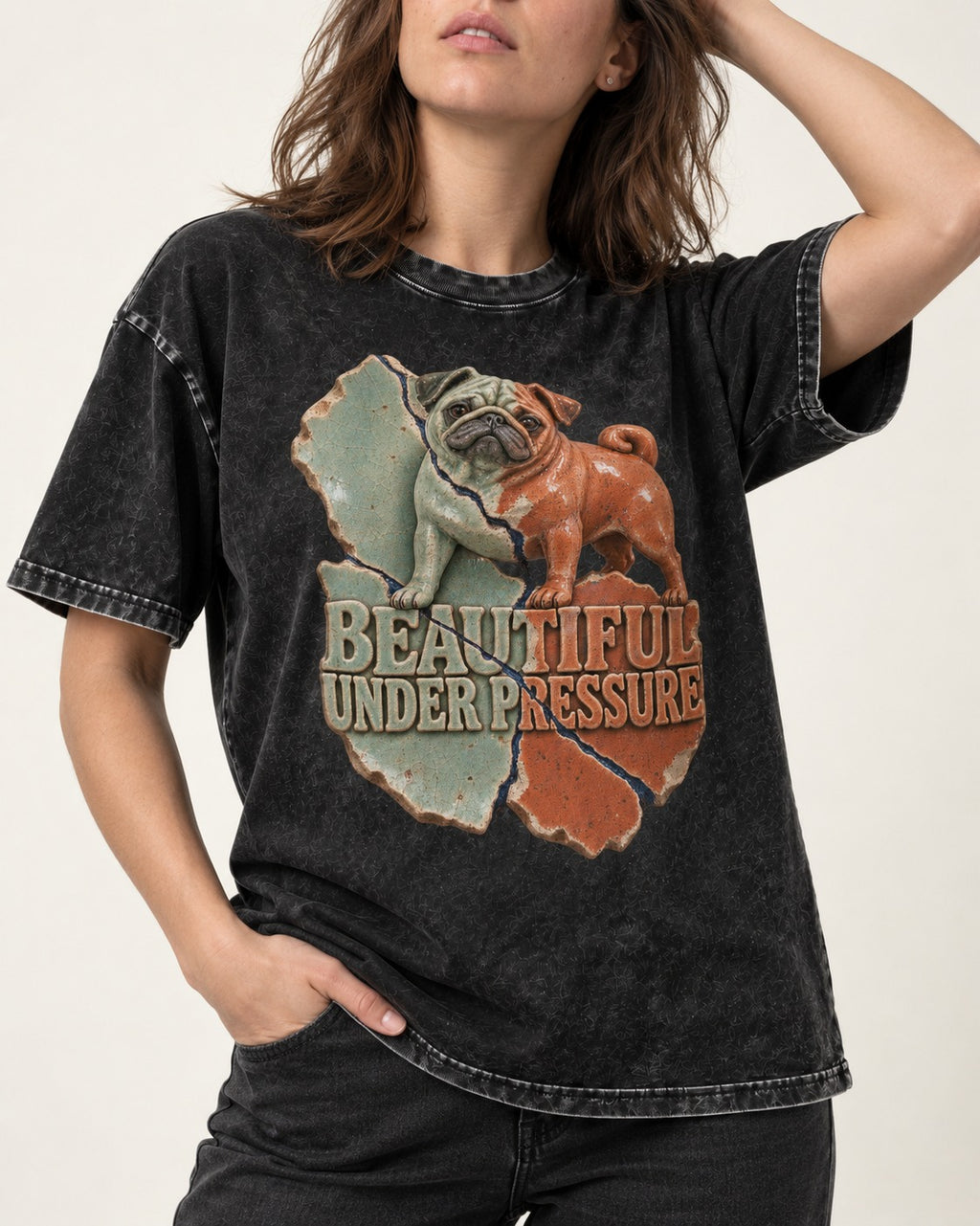 Pug Beautiful Under Pressure Cracked Ceramic Graphic Washed Tee in Black, worn by a model, front view