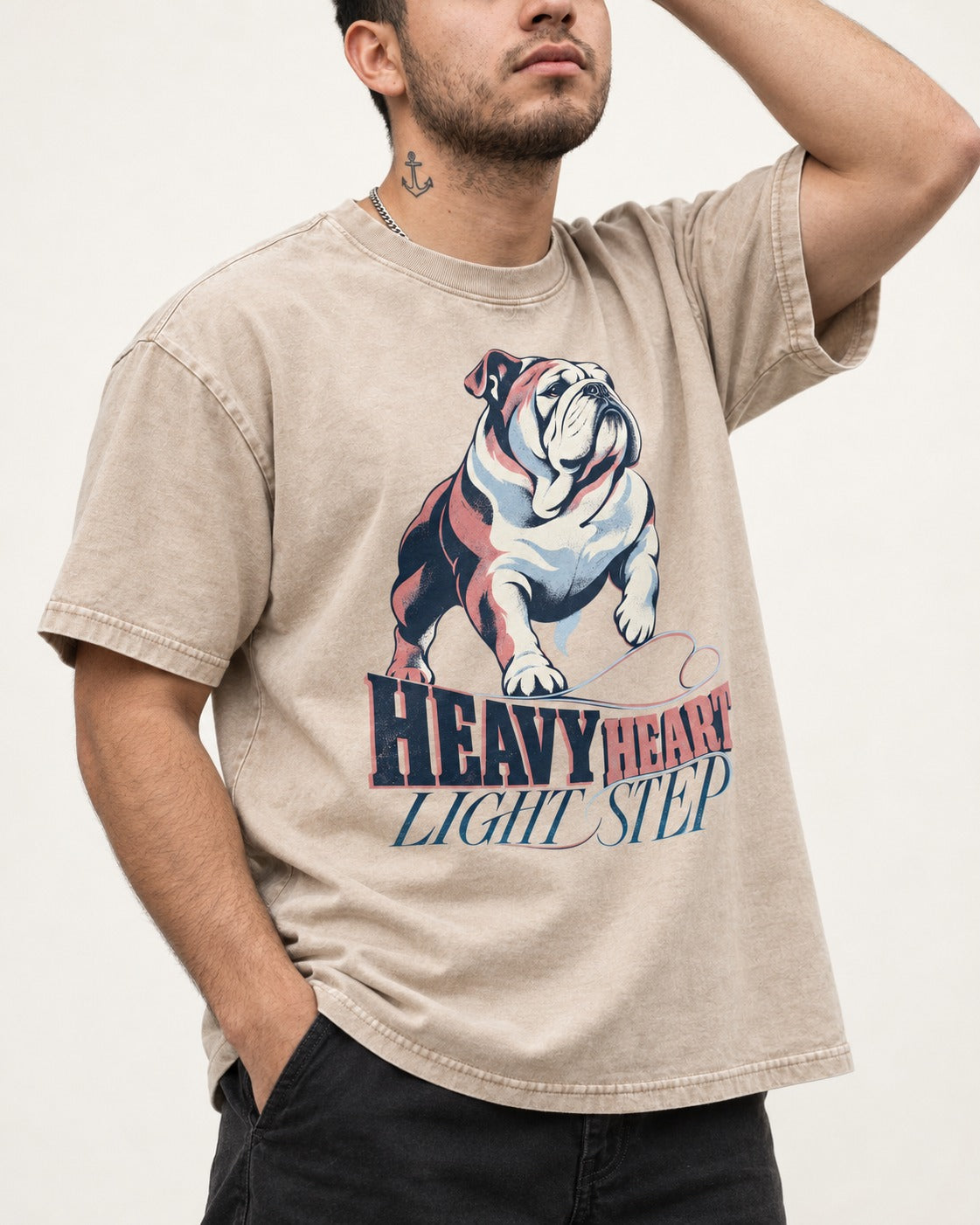 Heavy Heart Light Step English Bulldog Washed Tee in Apricot, worn by a model, front view