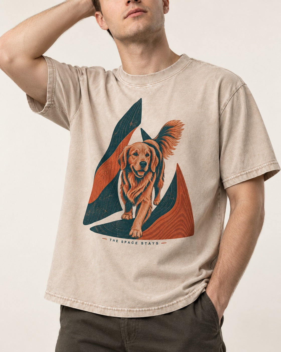 The Golden Retriever Space Stays Washed Tee in Apricot, worn by a model, front view