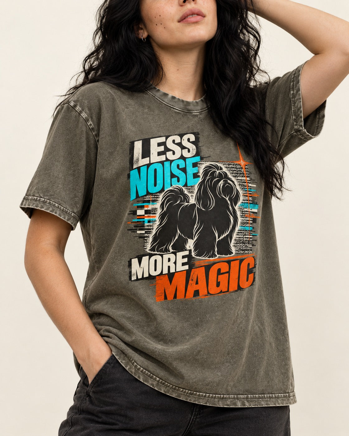 Shih Tzu Less Noise More Magic Pop Art Graphic Washed Tee in Army Green, worn by a model, front view