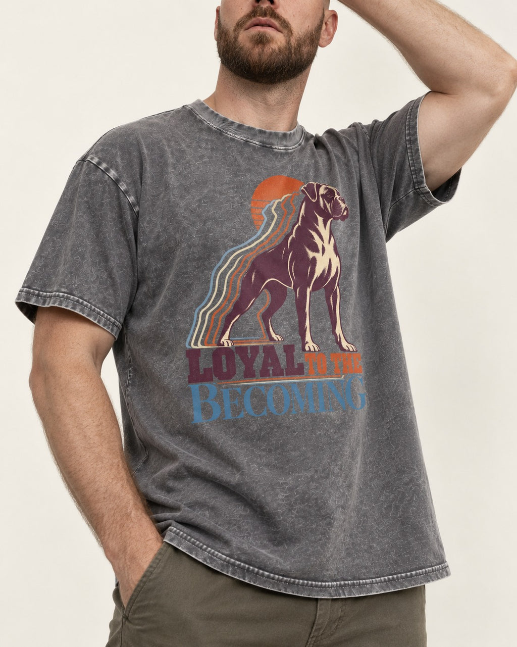Boxer Loyal to the Becoming Washed Tee in Gray, worn by a model, front view
