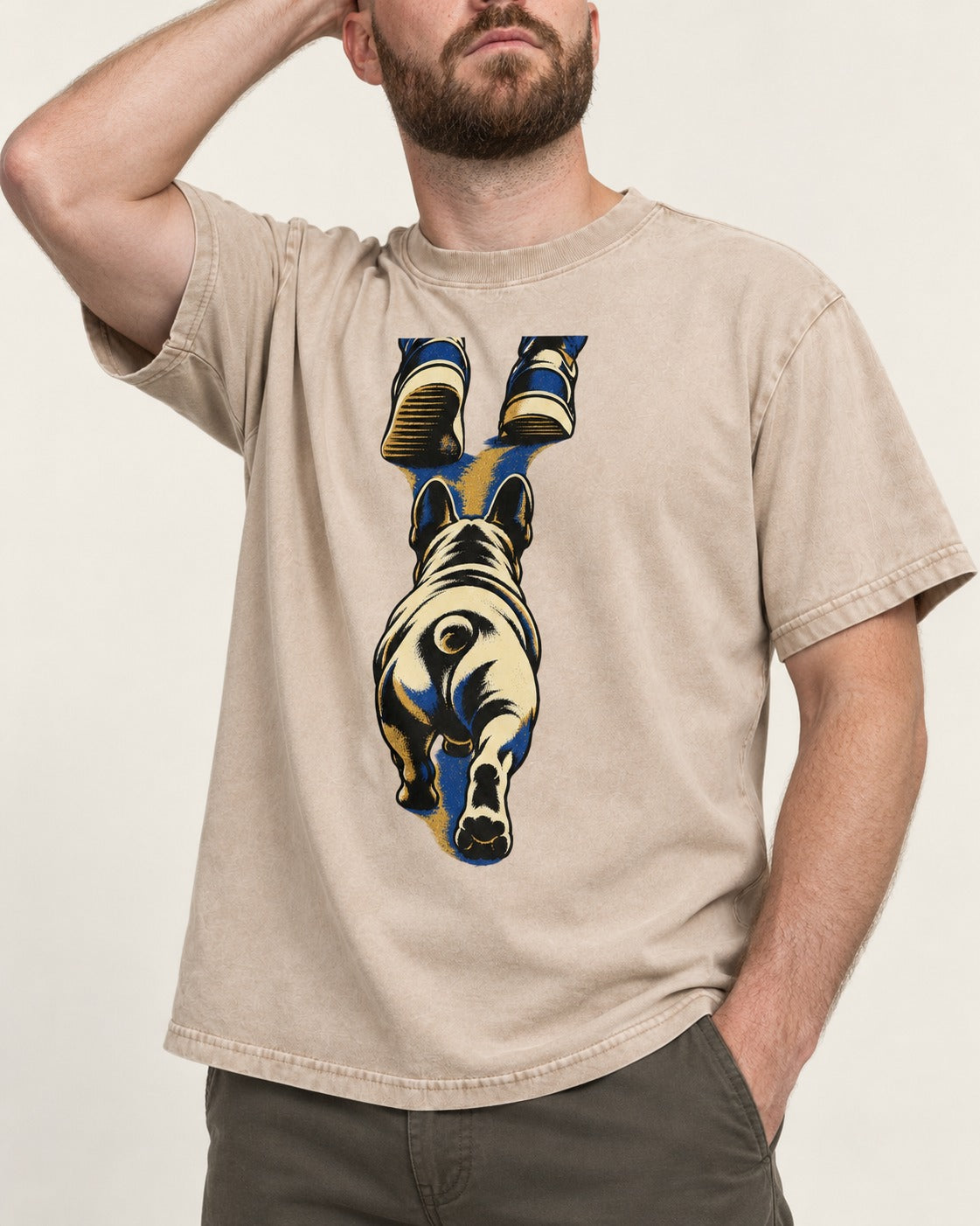 Frenchie Wherever I Go Washed Tee in Apricot, worn by a model, front view