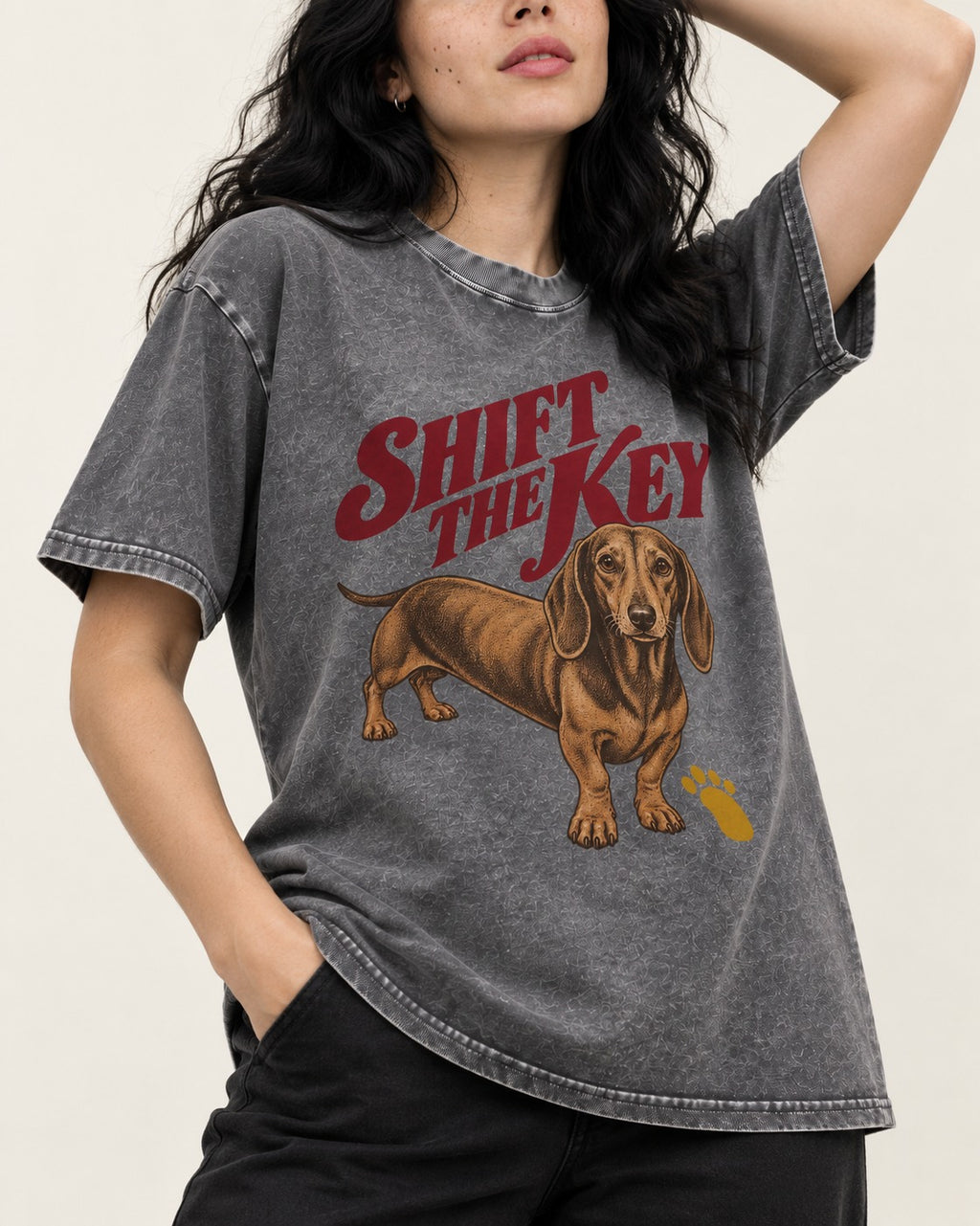 Dachshund Shift The Key Pawprint Graphic Washed Tee in Gray, worn by a model, front view
