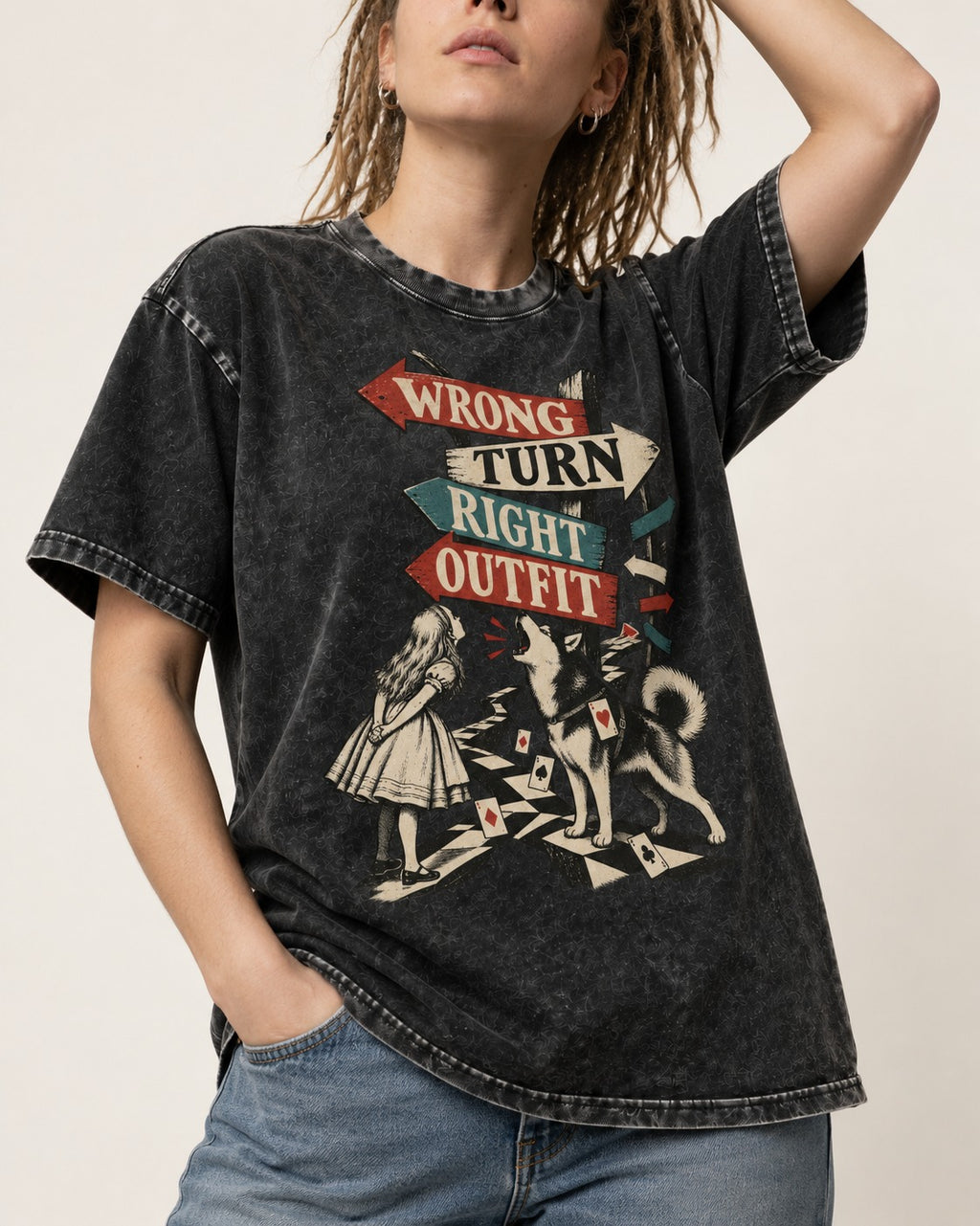 Husky Wrong Turn Right Outfit Wonderland Signpost Graphic Washed Tee in Black, worn by a model, front view