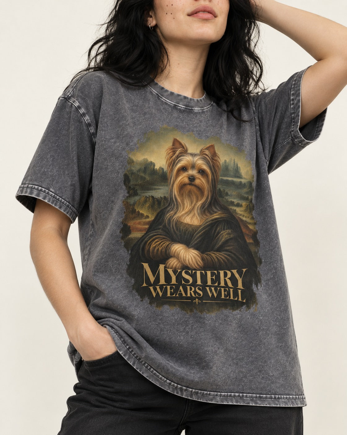 Yorkshire Terrier Mystery Wears Well Mona Lisa Portrait Graphic Washed Tee in Gray, worn by a model, front view