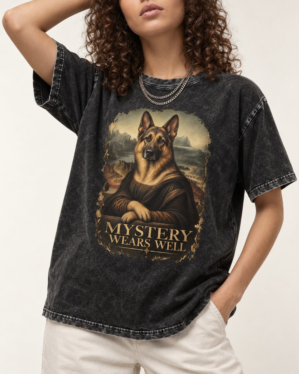 German Shepherd Dog Mystery Wears Well Renaissance Portrait Washed Tee in Black, worn by a model, front view