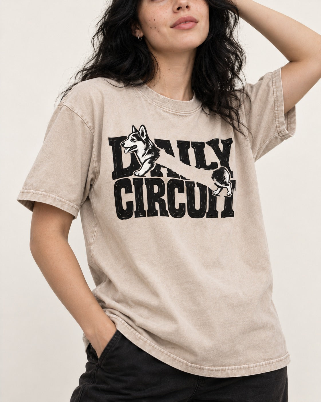 Daily Corgi Circuit Washed Tee in Apricot, worn by a model, front view