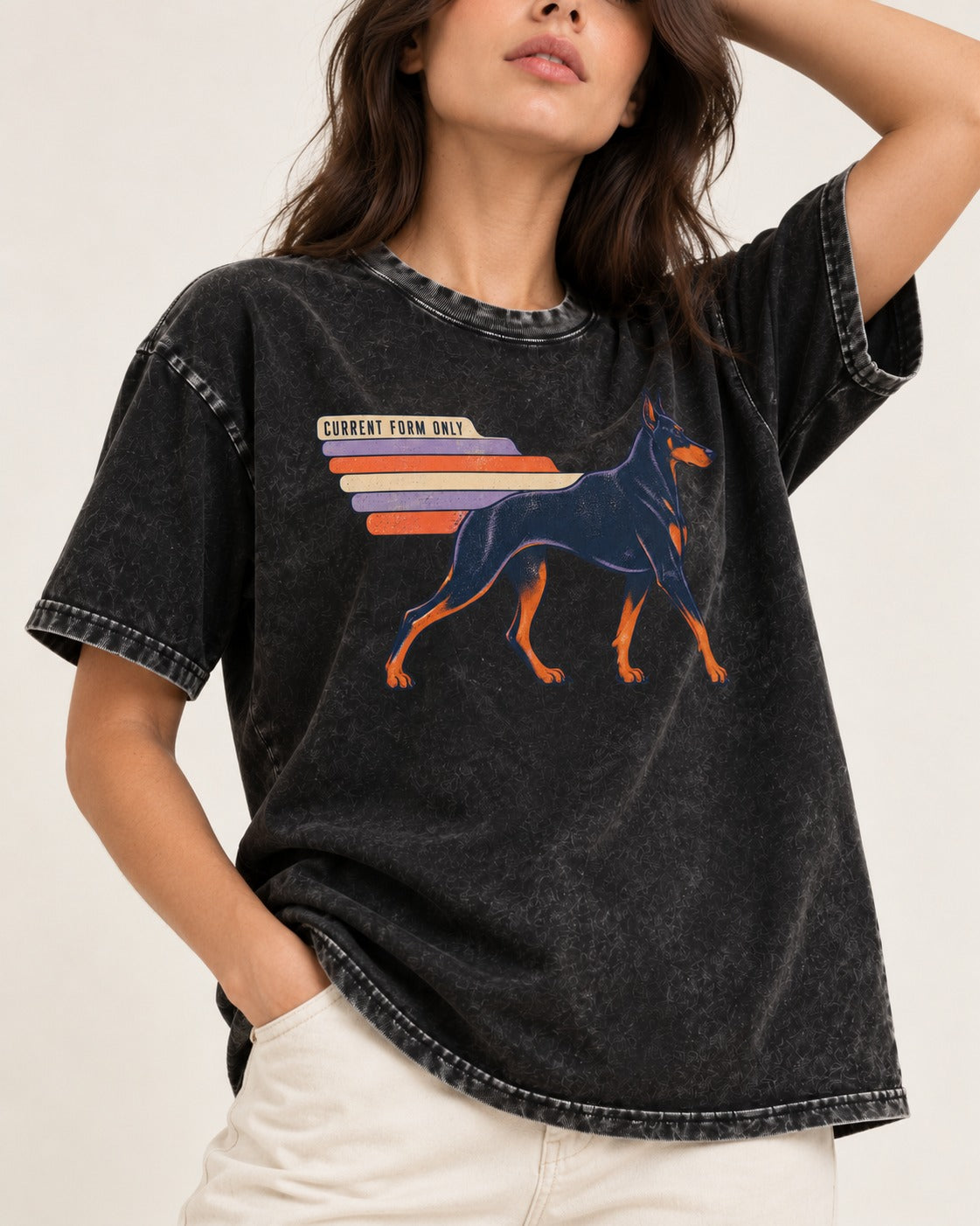 Doberman Current Form Only Speed Bars Graphic Washed Tee in Black, worn by a model, front view