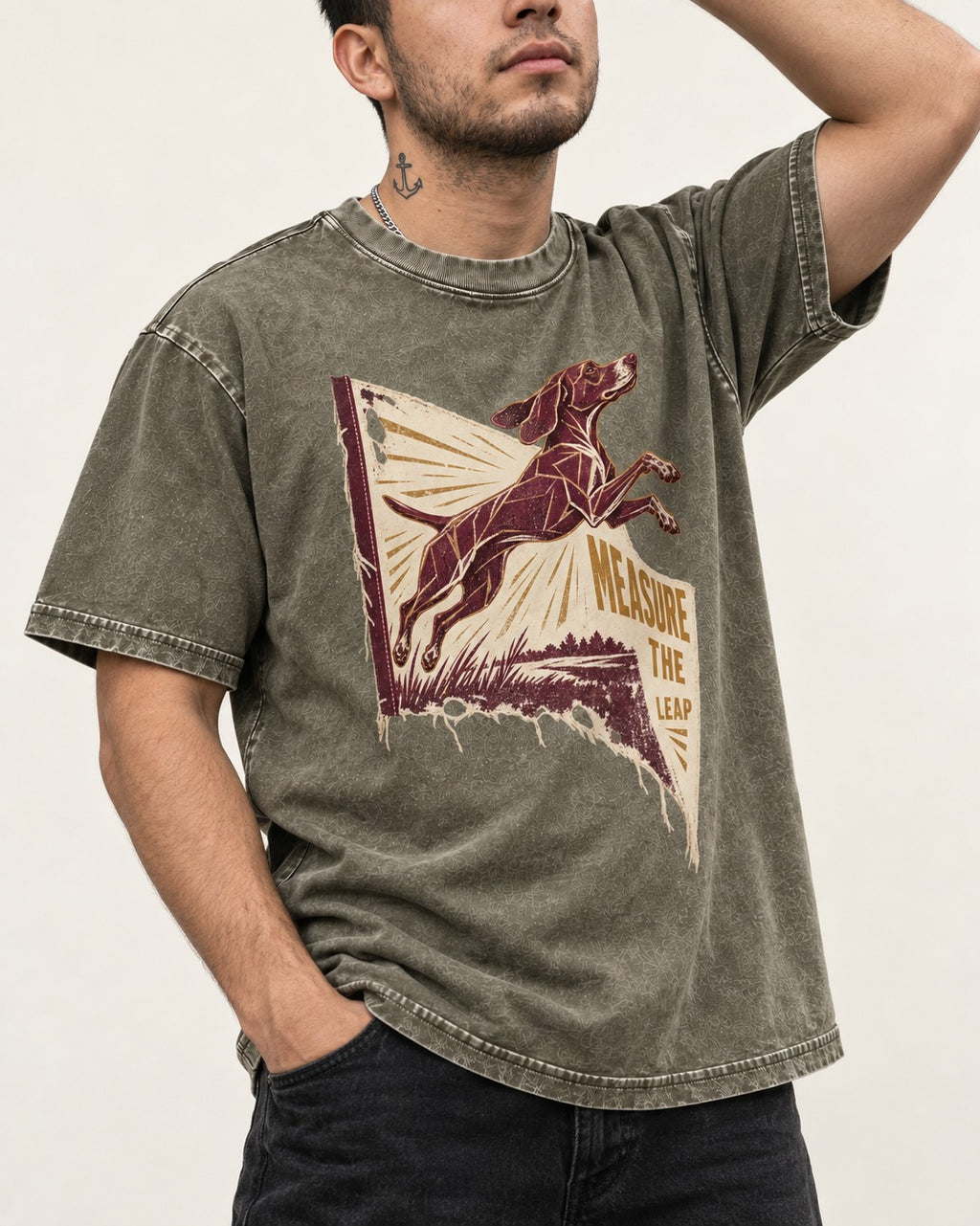 German Shorthaired Pointer Measure the Leap Torn Banner Graphic Washed Tee in Army Green, worn by a model, front view