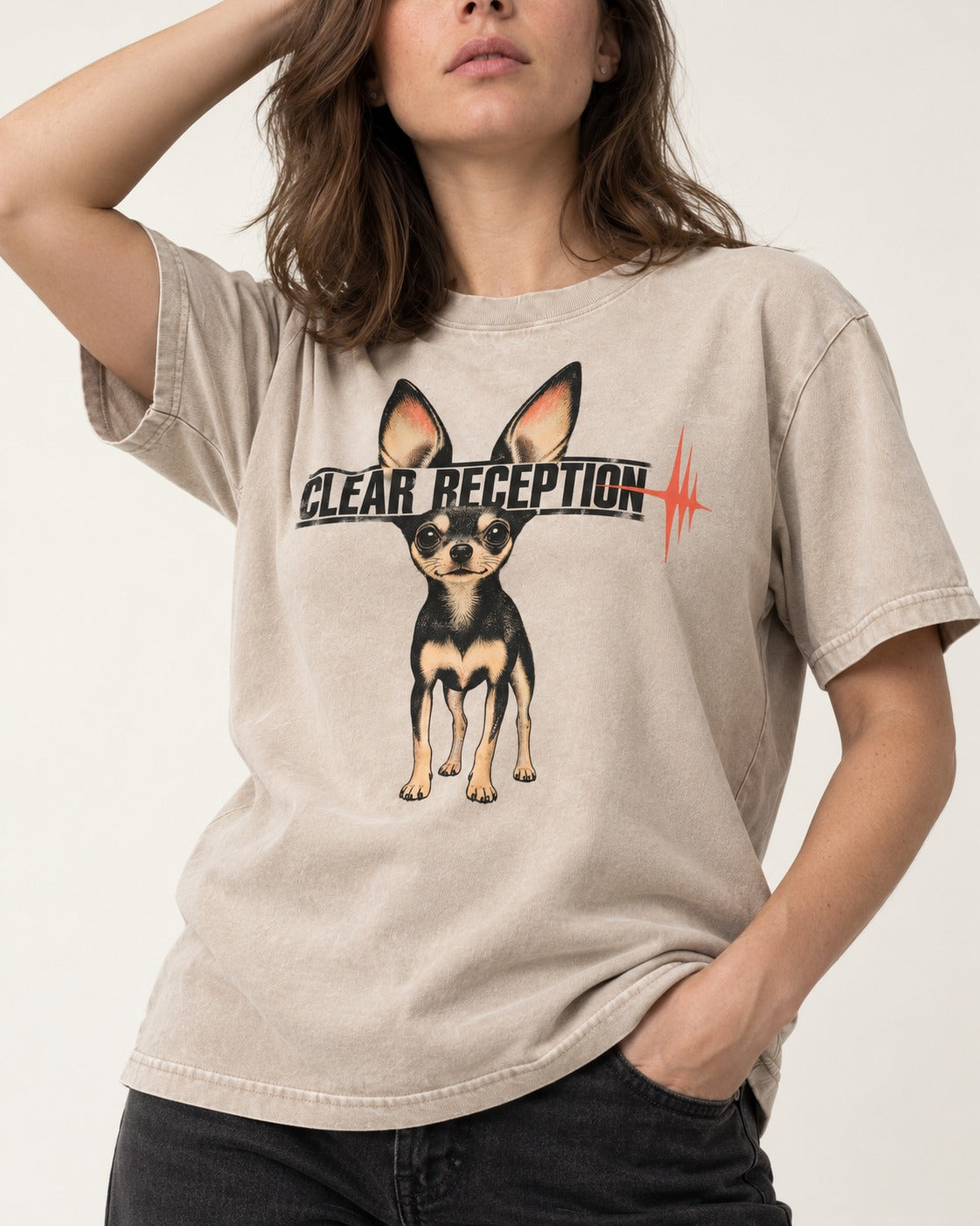 Chihuahua Clear Reception Washed Tee in Apricot, worn by a model, front view