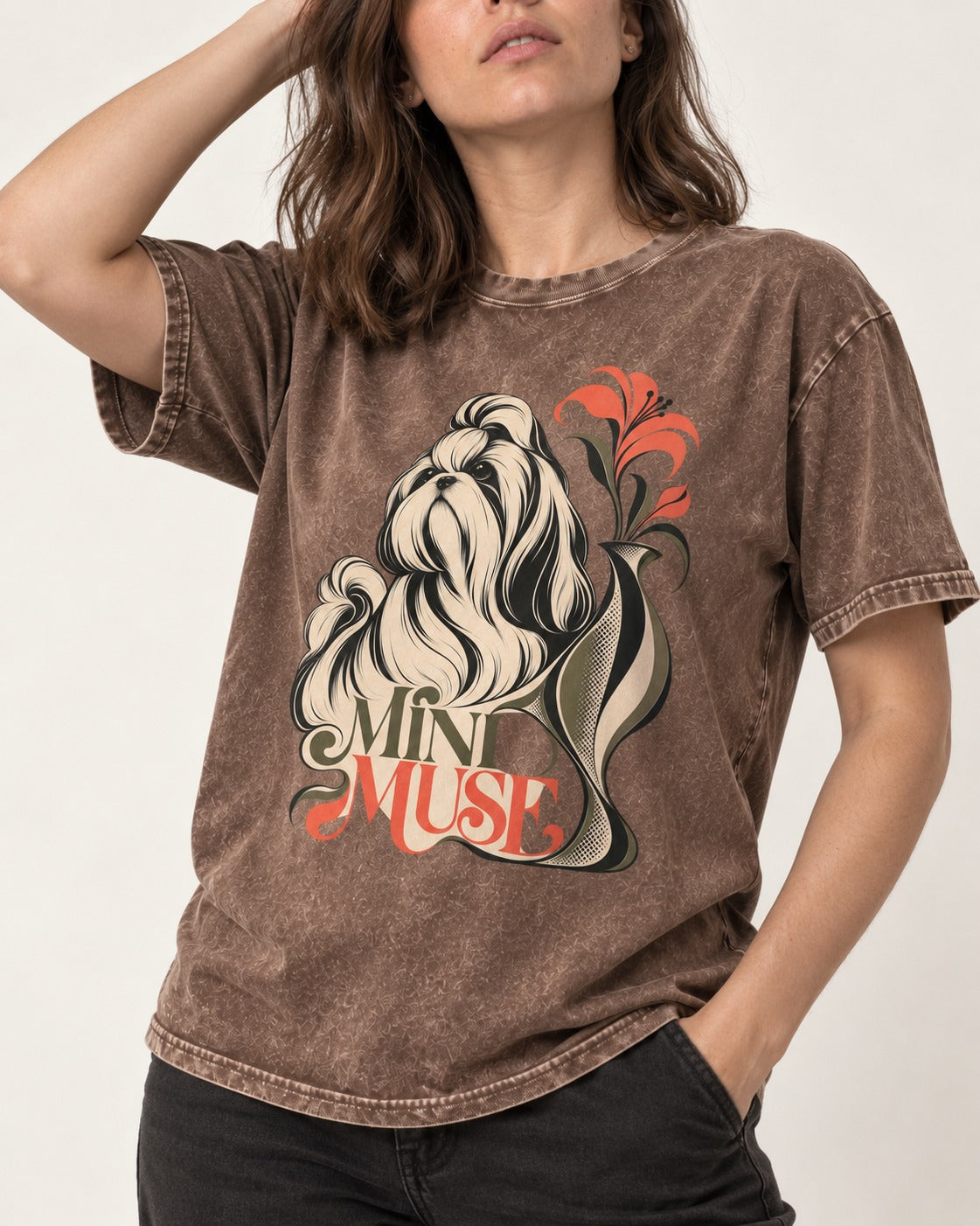 Shih Tzu Mini Muse Washed Tee in Coffee, worn by a model, front view