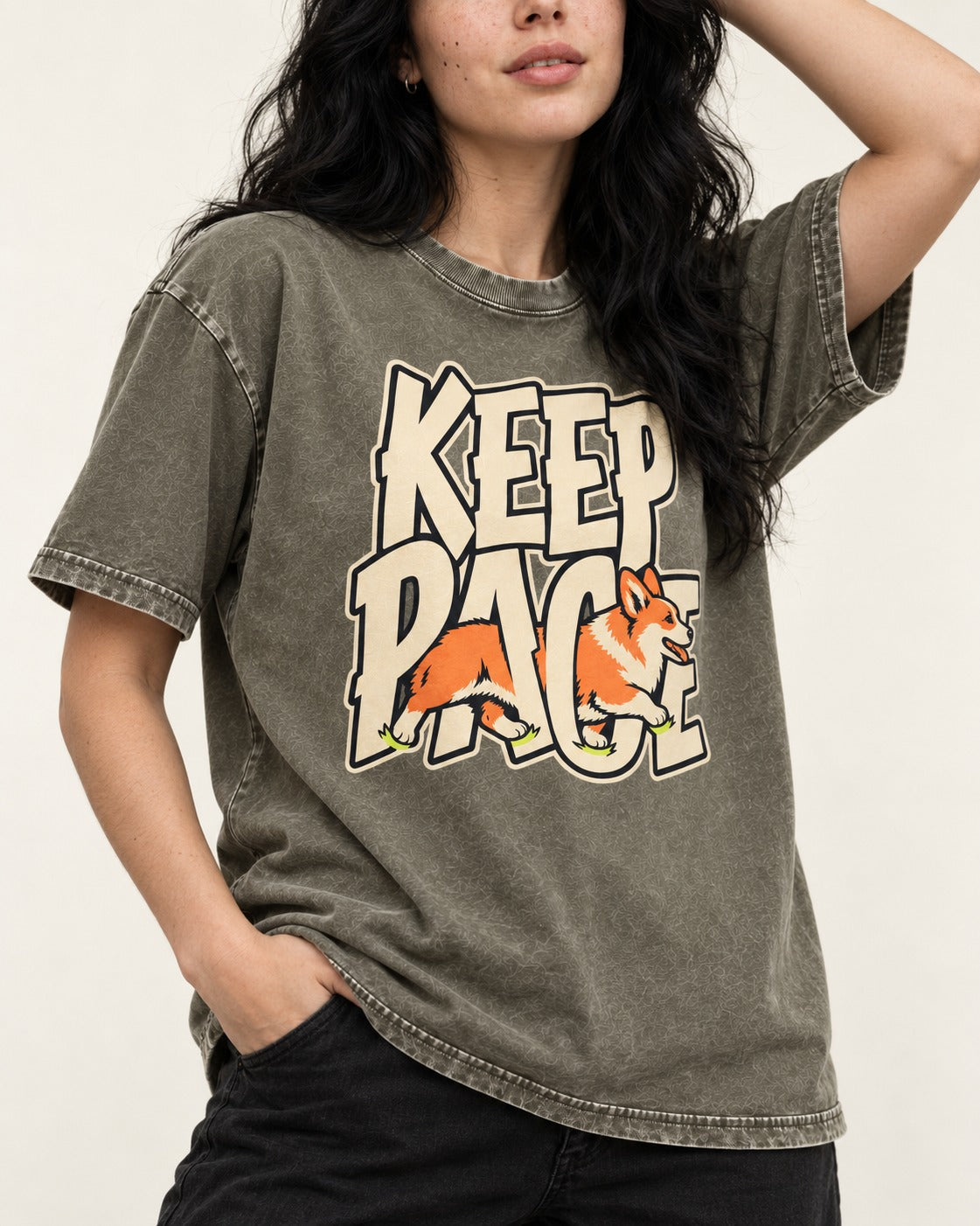 Corgi Keep Pace Running Typographic Graphic Washed Tee in Army Green, worn by a model, front view