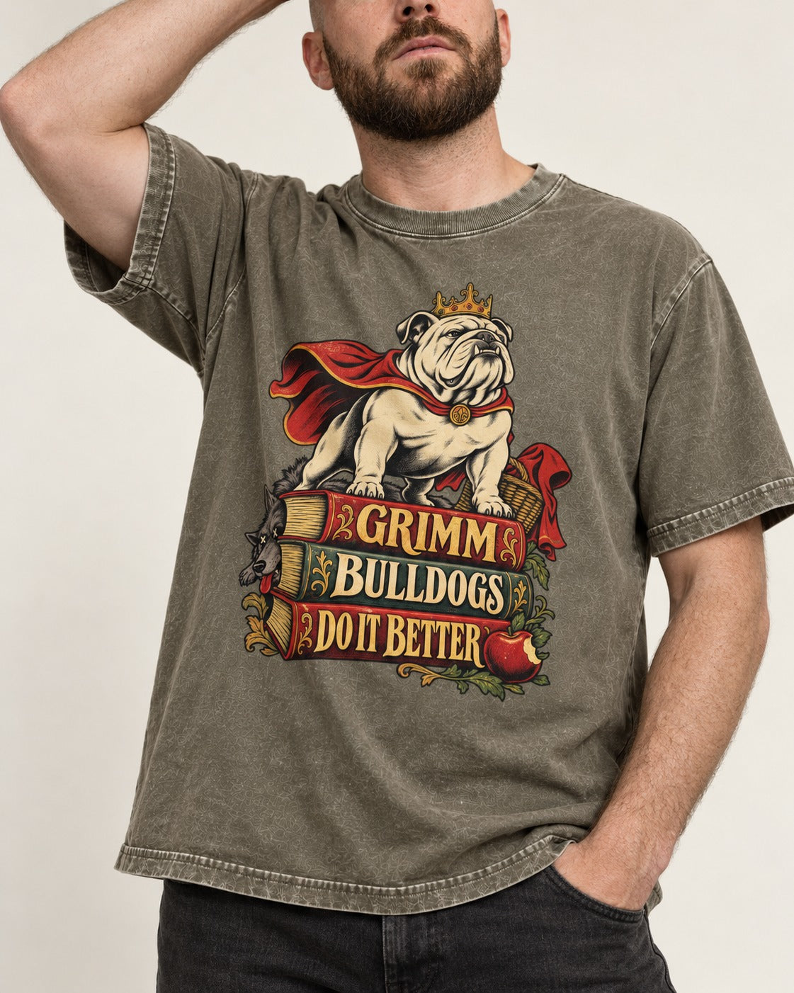 English Bulldog Grimm Bulldogs Do It Better Storybook Graphic Washed Tee in Army Green, worn by a model, front view