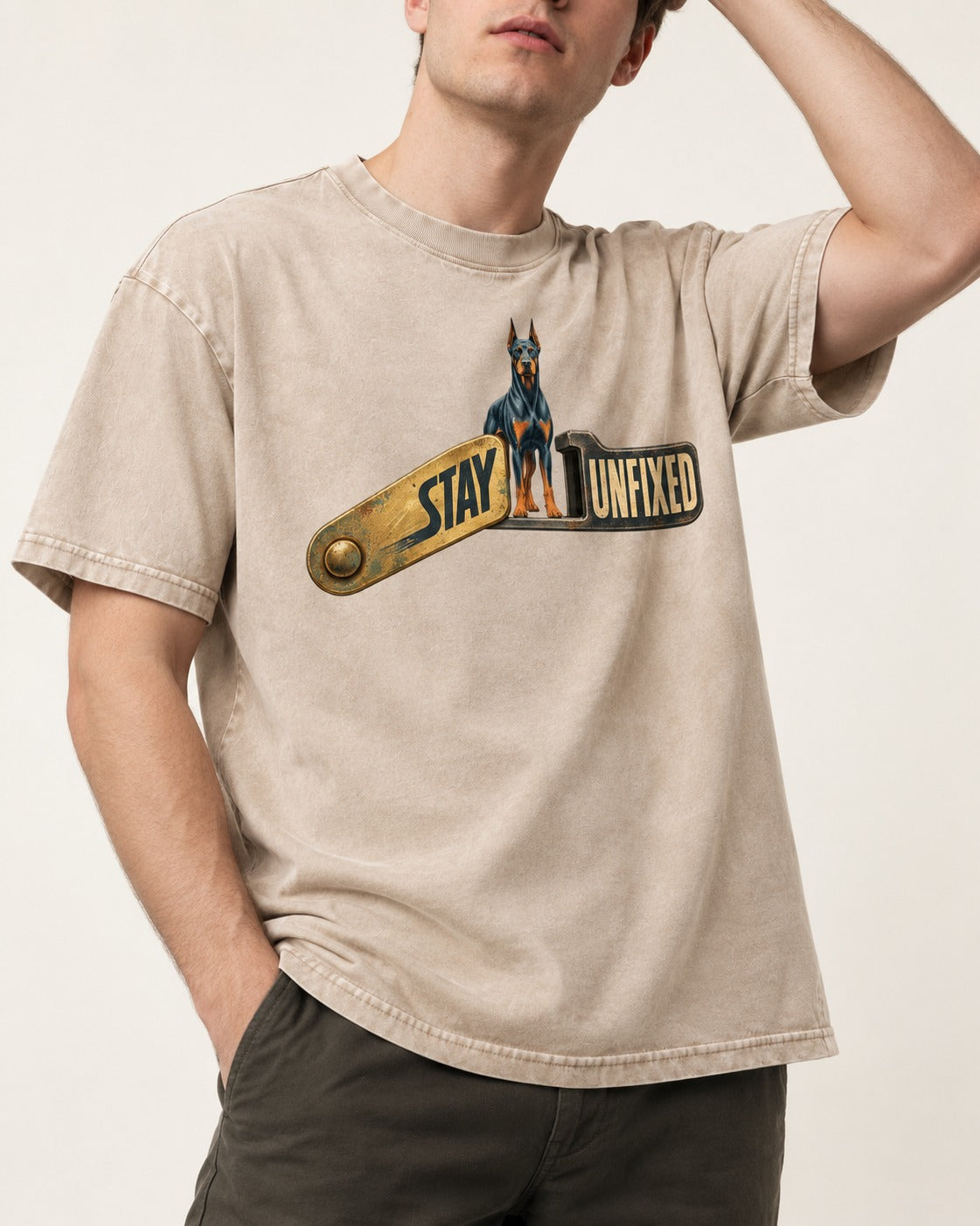 Doberman Stay Unfixed Washed Tee in Apricot, worn by a model, front view