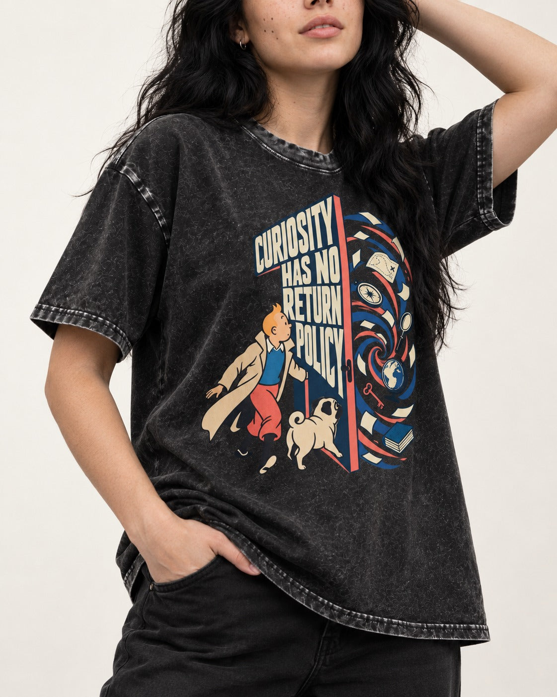 Pug Curiosity Has No Return Policy Portal Graphic Washed Tee in Black, worn by a model, front view
