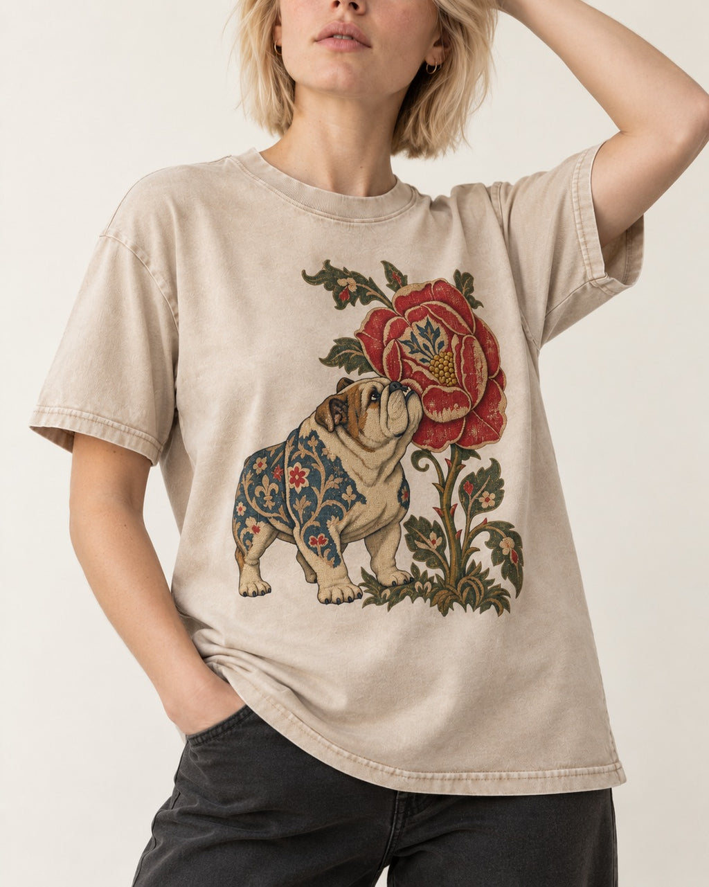 English Bulldog Tender Devotion Washed Tee in Apricot, worn by a model, front view
