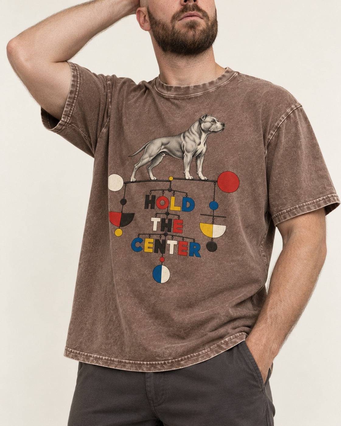 Pitbull Hold the Center Balance Mobile Graphic Washed Tee in Coffee, worn by a model, front view