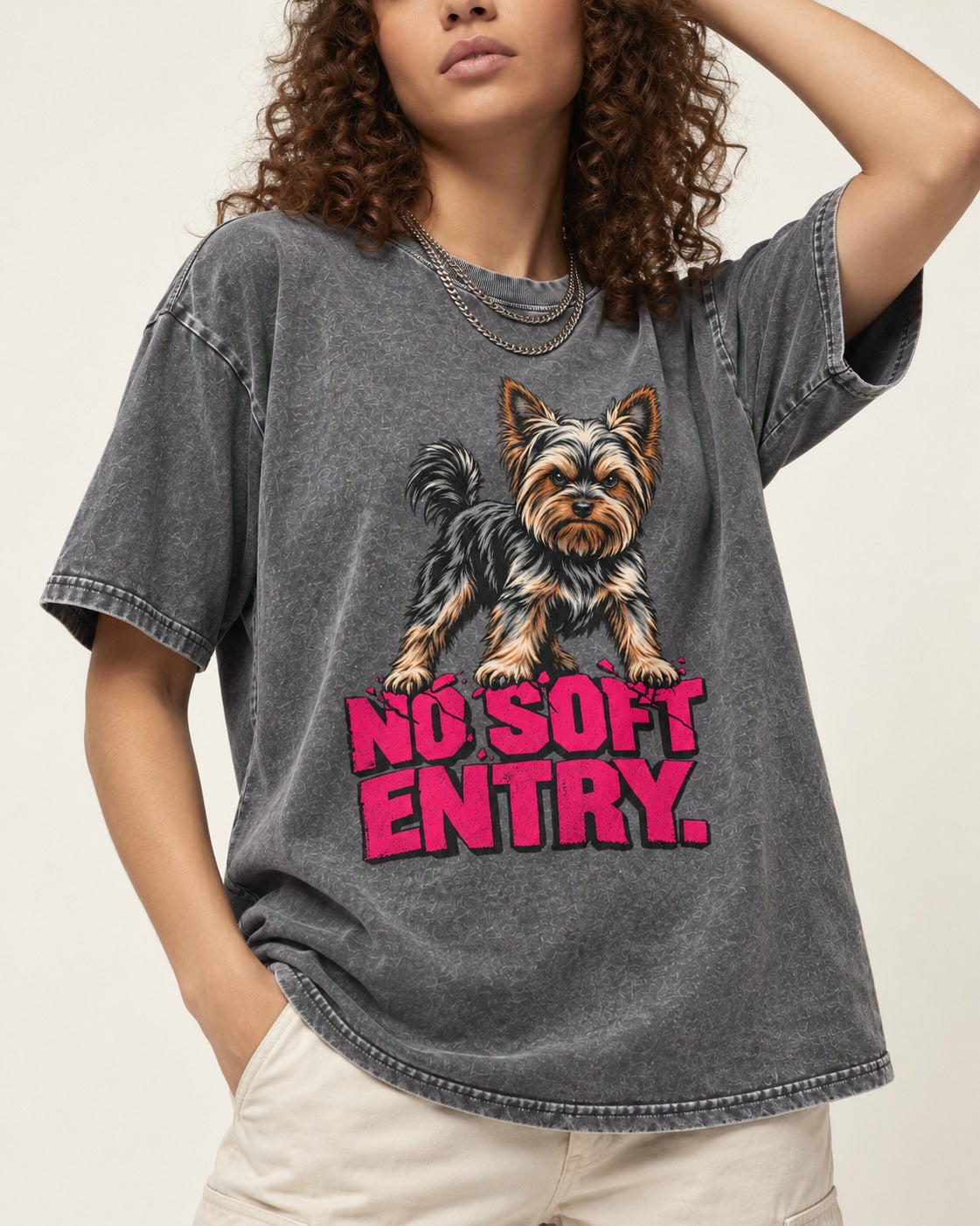 Yorkshire Terrier No Soft Entry Stance Graphic Washed Tee in Gray, worn by a model, front view