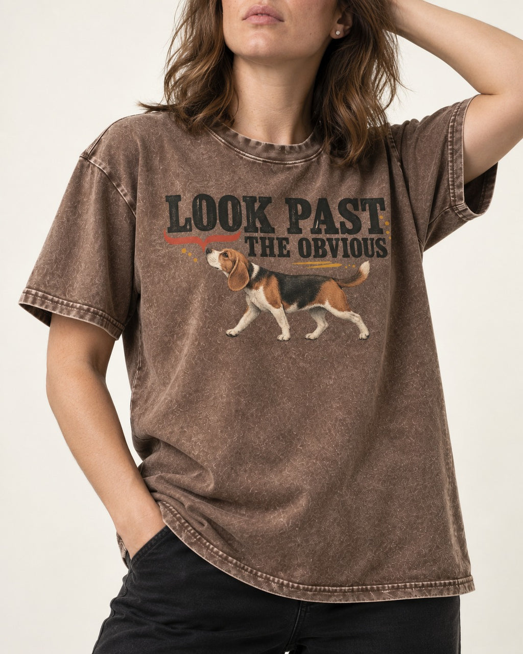 Beagle Look Past the Obvious Washed Tee in Coffee, worn by a model, front view