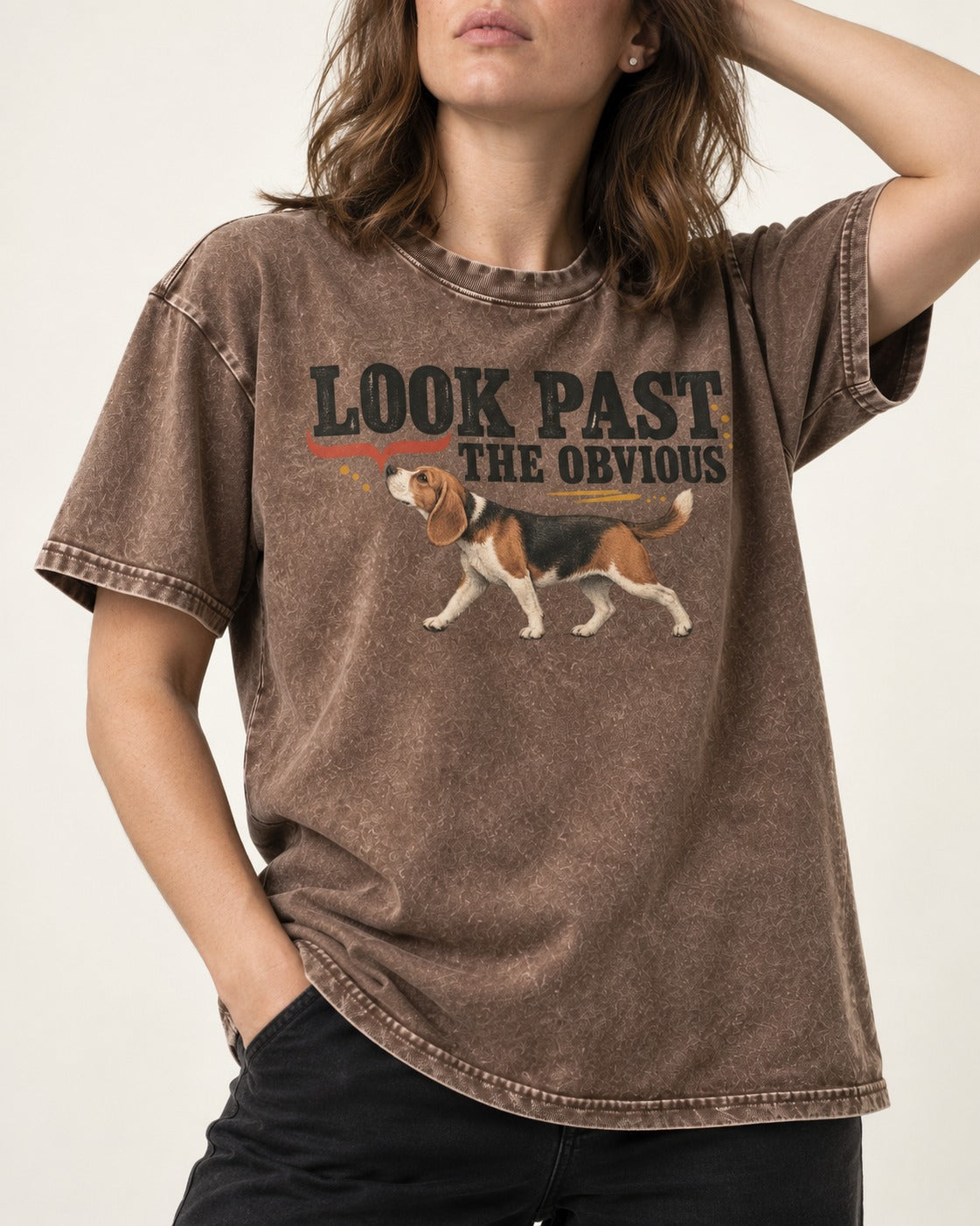 Beagle Look Past the Obvious Washed Tee in Coffee, worn by a model, front view