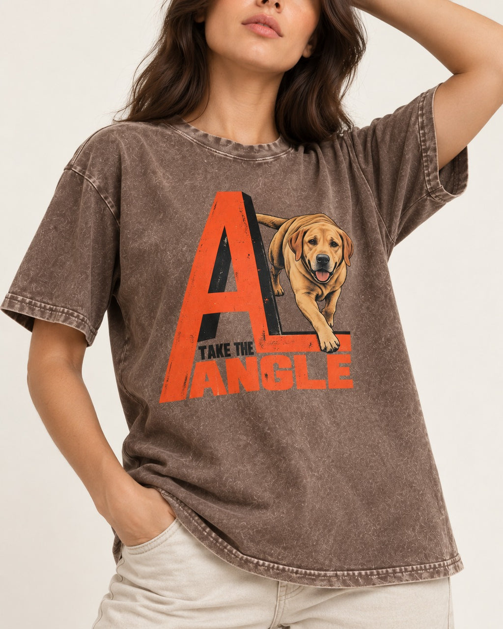 Take the Angle Labrador Retriever Washed Tee in Coffee, worn by a model, front view