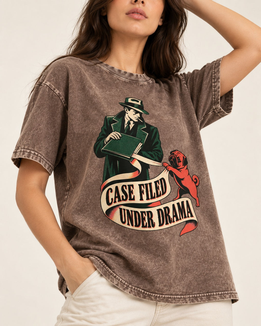 Pug Case Filed Under Drama Washed Tee in Coffee, worn by a model, front view