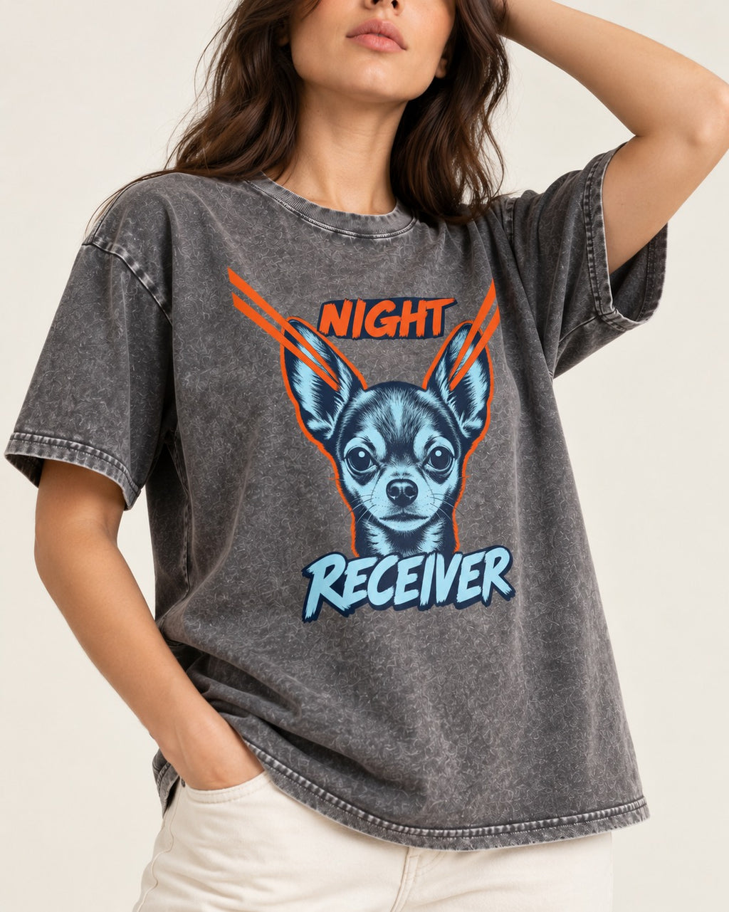 Chihuahua Night Receiver Signal Portrait Graphic Washed Tee in Gray, worn by a model, front view