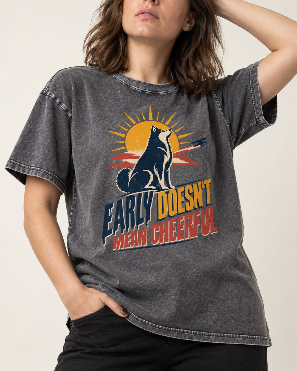 Husky Early Doesnt Mean Cheerful Sunrise Airplane Graphic Washed Tee in Gray, worn by a model, front view