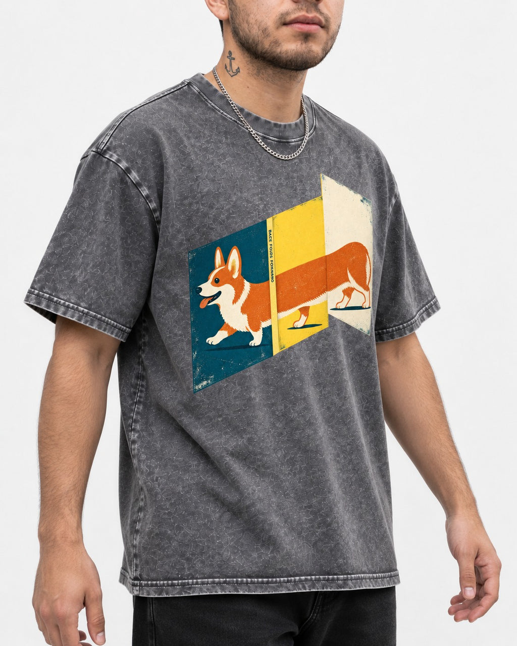 Corgi Back Folds Forward Panels Washed Tee in Gray, worn by a model, front view