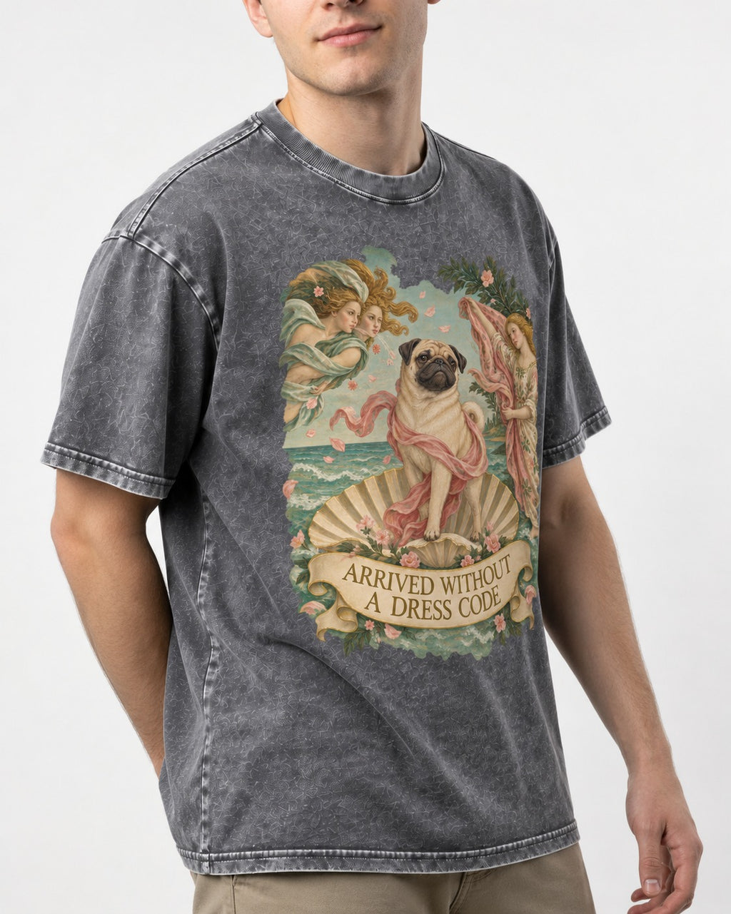 Pug Arrived Without a Dress Code Venus Parody Graphic Washed Tee in Gray, worn by a model, front view