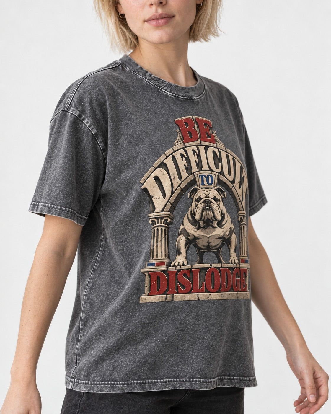 English Bulldog Be Difficult to Dislodge Stone Arch Graphic Washed Tee in Gray, worn by a model, front view