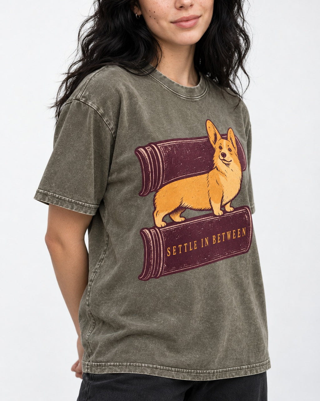 Corgi Settle in Between Washed Tee in Army Green, worn by a model, front view