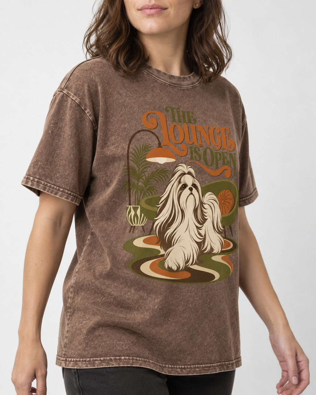 The Shih Tzu Lounge Is Open Washed Tee in Coffee, worn by a model, front view