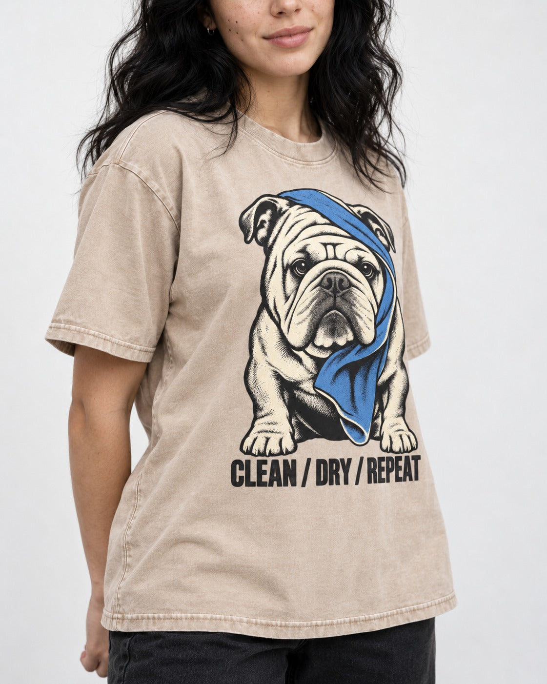 Clean Dry Repeat English Bulldog Washed Tee in Apricot, worn by a model, front view
