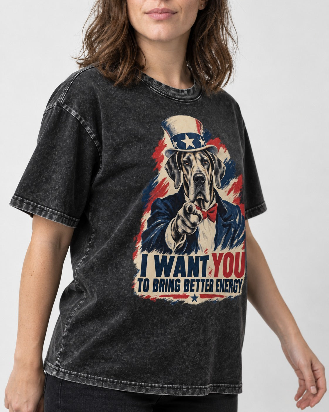 Great Dane I Want You to Bring Better Energy Uncle Sam Graphic Washed Tee in Black, worn by a model, front view