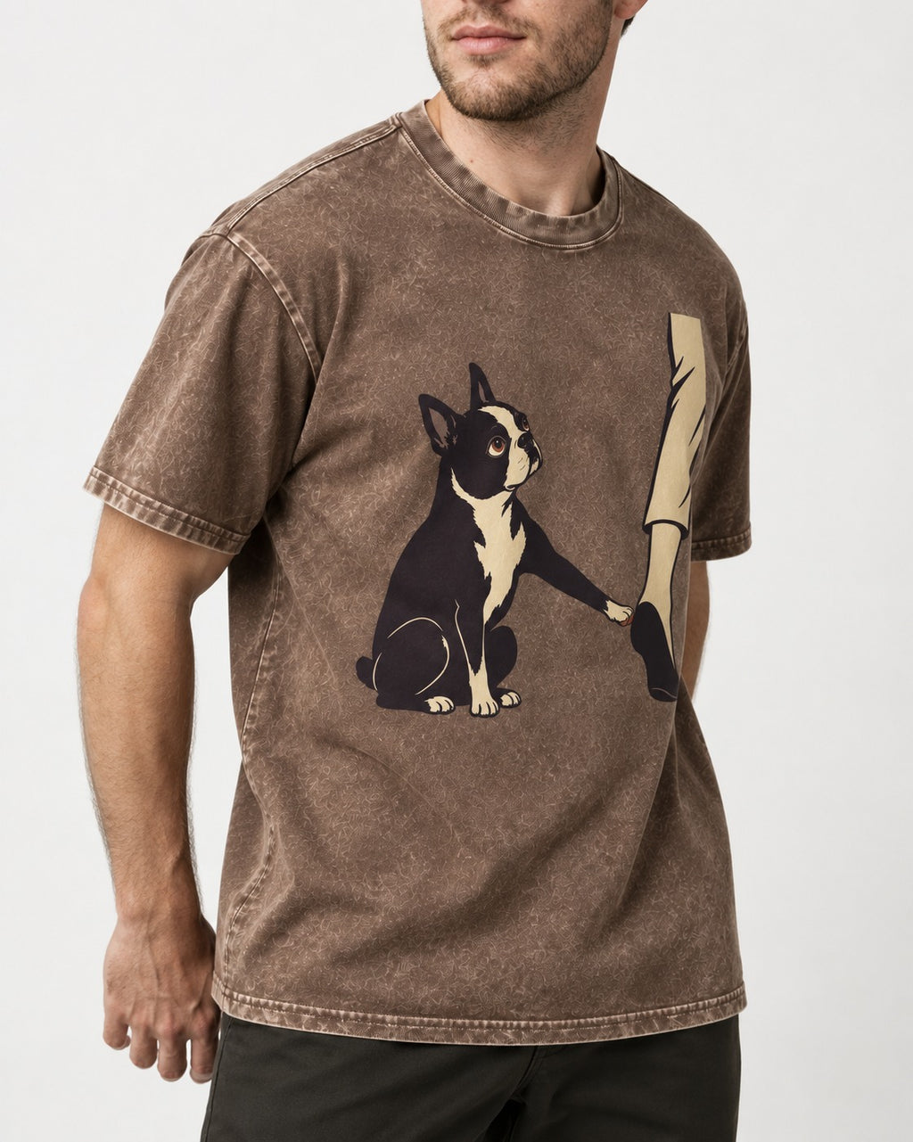 Boston Terrier Stay with Me Washed Tee in Coffee, worn by a model, front view