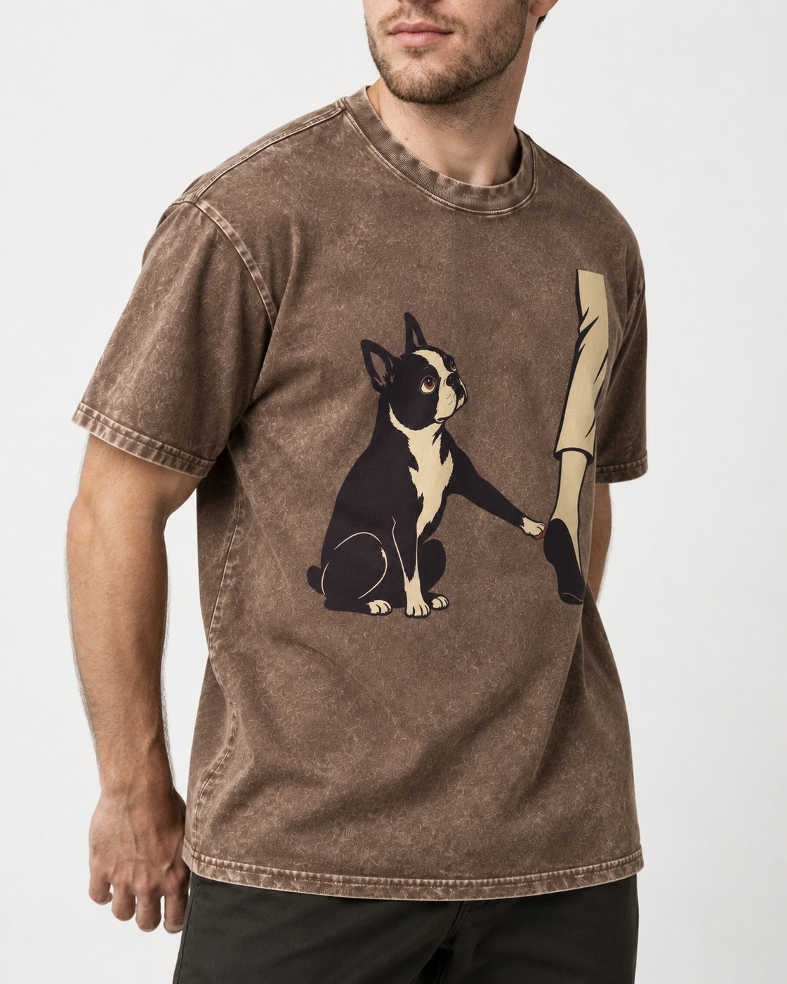 Boston Terrier Stay with Me Washed Tee in Coffee, worn by a model, front view