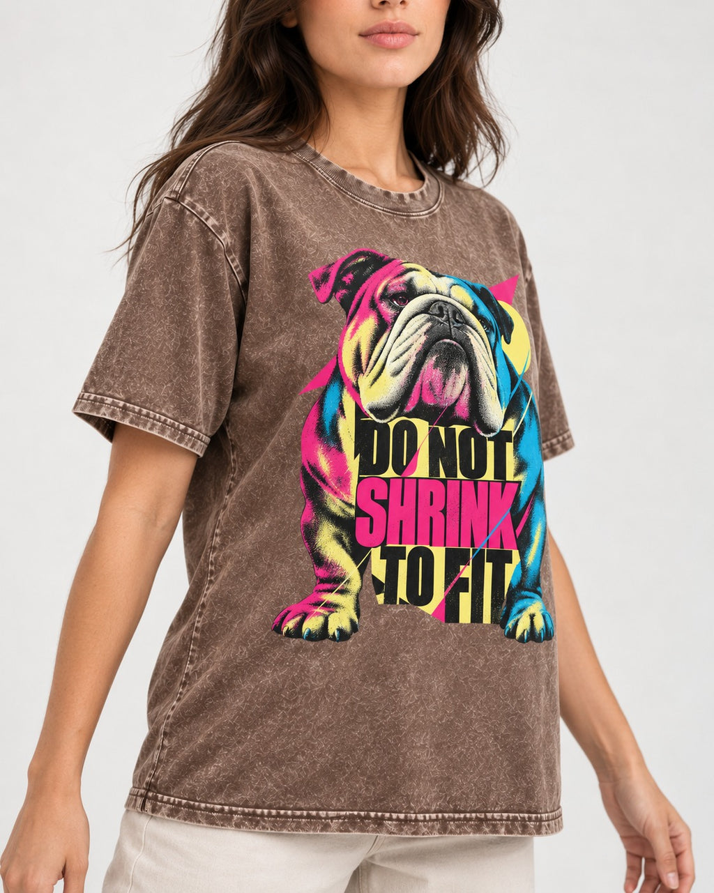 English Bulldog Don't Shrink to Fit Washed Tee in Coffee, worn by a model, front view