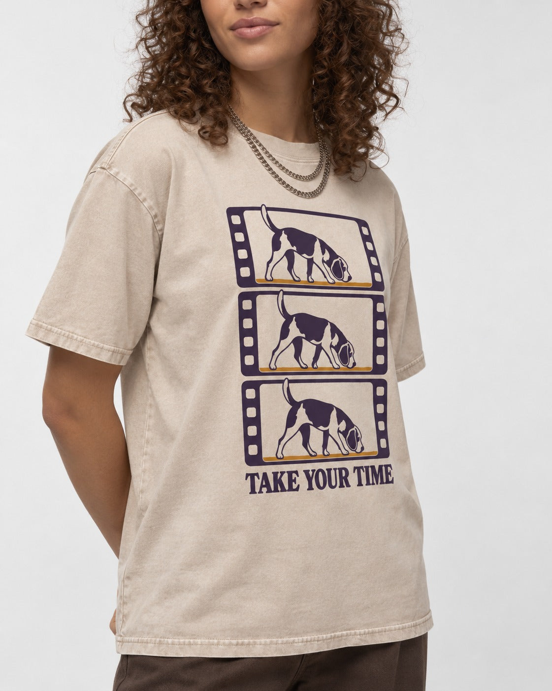 Beagle Take Your Time Washed Tee in Apricot, worn by a model, front view
