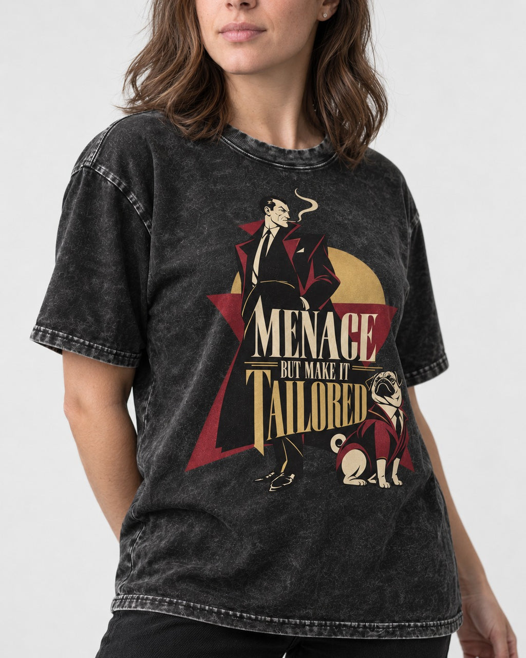 Pug Menace But Make It Tailored Graphic Washed Tee in Black, worn by a model, front view
