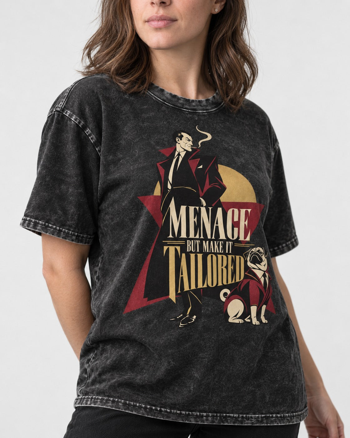 Pug Menace But Make It Tailored Graphic Washed Tee in Black, worn by a model, front view
